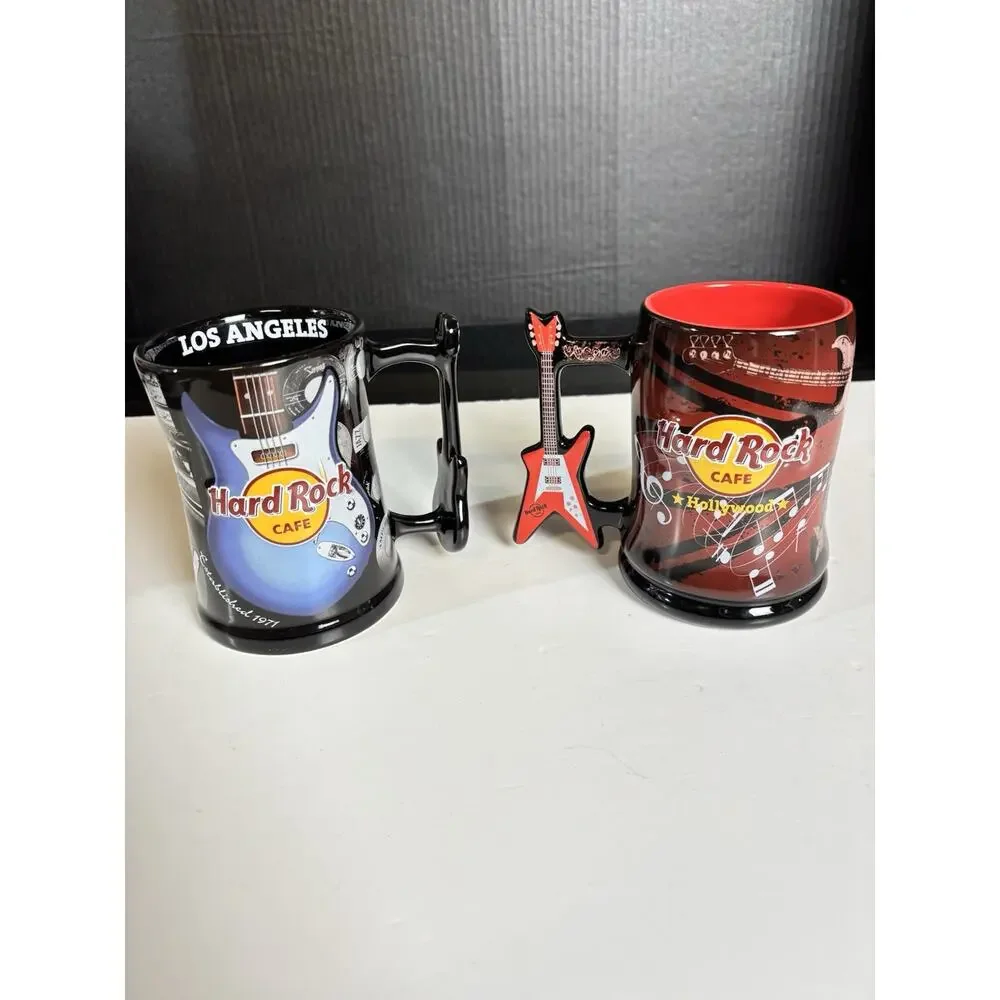 Lot Of 2 - Hard Rock Cafe Hollywood & Los Angeles Souvenir Mugs - Guitar Handle